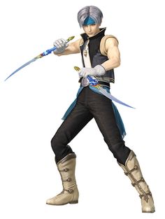 the character is holding two swords in one hand and wearing black pants, with blue hair