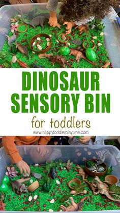 an image of a dinosaur bin for toddlers that is filled with dirt and grass