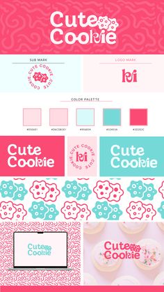 the logo design for cute cookie is shown in pink, blue and green colors with white lettering