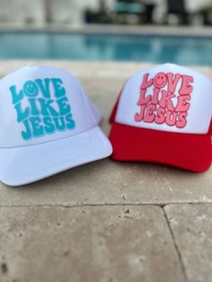 *KIDS* Love Like Jesus Trucker Hat!  +Available in multiple colors & you can choose your own font colors.  +Please enter Font Colors with the OUTLINE Color FIRST followed by the fill color.  +Bulk packages available upon request, just send me a DM and I'm happy to make it for you. Fun Red Trucker Hat With Letter Print, Casual Red Customizable Trucker Hat, White Customizable Novelty Trucker Hat, White Novelty Hats With Letter Print, Love Like Jesus, Girls Hair, I'm Happy, Im Happy, Trucker Cap