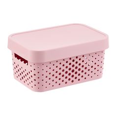 a pink plastic basket with holes on it