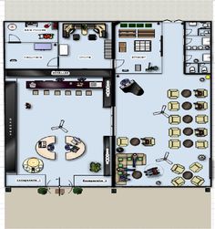 the floor plan for an office with several tables and chairs