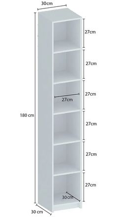 an image of a tall white bookcase with measurements for the height and widths