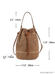 the measurements of a straw bag with handles and shoulder straps, which are not shown