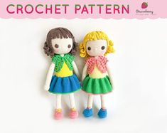 two crocheted dolls standing next to each other on a white background with the words crochet pattern