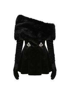 Mini Dress With Gloves, Velvet Dress Black, Luxury Coat, Nana Jacqueline, Velvet Aesthetic, Dress With Gloves, Fur Dress, Removable Collar, Mode Abaya