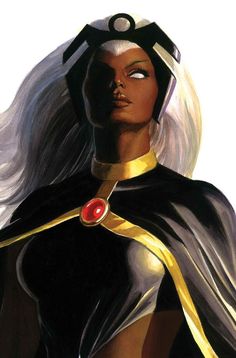 an image of a woman with long white hair wearing a black and gold costume,