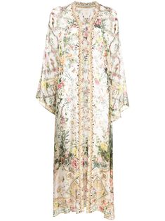 white/multicolour silk chiffon all-over Renaissance Romance print crystal embellishment shawl collar open top long wide sleeves straight hem long length Chiffon Kimono, Oversized Coat, Crystal Embellishment, Wide Sleeves, Open Top, Silk Chiffon, Shawl Collar, Long Length, Silk Printing