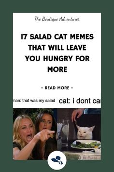 a woman pointing at a cat with the caption, 17 salad cat memes that will leave you hungry for more