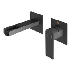 an image of two black wall mounted faucets with square handles and round knobs