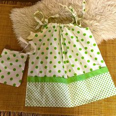 Handmade Green Polk-A-Dot, Pillow-Case Dress. 2t Little Patching Purse As Well! Thanks For Shopping. Pillow Case Dress Pattern For Kids, Green Cotton Dress For Babies, Green Sundress For Playtime, Playful Green Sundress For Playtime, Playful White Sundress For Play, White Cotton Sundress For Play, Pillow Case Dress Pattern, Pillowcase Dress Pattern, Pillow Case Dress