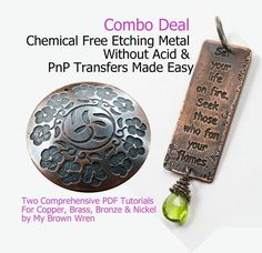 an advertisement for a metal pendant with the words, free etching metal without acid and p