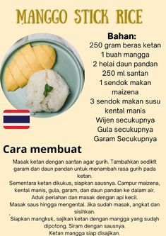 the menu for mango sticky rice is shown in english and thai words, with an image of