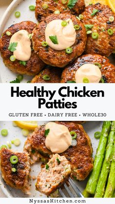 healthy chicken patties on a plate with asparagus and lemon wedges