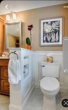 a white toilet sitting in a bathroom next to a wooden vanity and mirror above it