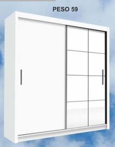 an image of a white closet with doors on the front and back side, against a blue sky background