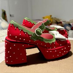 Strawberry Accessories Aesthetic, Strawberry Shoes, Strawberry Accessories, Red Mary Jane Shoes, Cute Shoes Heels