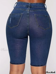 Olivia Mark - Dark Blue Casual Denim Jorts, Slim Fit Slash Pockets Bermuda Denim Shorts, Women's Denim Jeans & Clothing Spring Summer, Solid Color