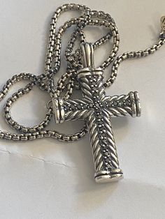 Pre owned David Yurman  100% Authentic Chevron Cross  Guarantee  925 SS  silver  PavA Black Diamonds  .50ct Total  20 inch chain Elegant Cross Chain Necklace With Silver Chain, Elegant Silver Chain Necklace With Cross Pendant, Formal Cross Pendant Necklace With Chain, Formal Cross Pendant Chain Necklace, Luxury Cross Necklaces For Formal Occasions, Formal Cross Chain Necklace, Formal Cross Chain Necklaces, Elegant Sterling Silver Cross Chain Necklace, Elegant Oxidized Cross Pendant Necklace