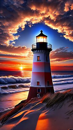 a painting of a lighthouse on the beach at sunset