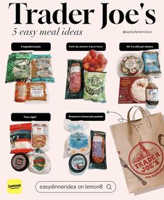 the cover of trader joe's 5 easy meal ideas, with an image of various foods