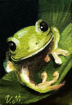 a painting of a frog sitting on top of a leaf