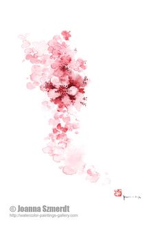 an abstract painting of pink flowers against a white background with the word love written on it