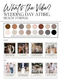 the wedding day attire guide for brides and grooms is shown in this image