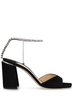 Find JIMMY CHOO 85mm Saeda Suede Sandals on Editorialist. 85mm Heel. Suede upper. Adjustable metal chain ankle strap with clasp closure. Embellished with crystals. Leather lining and insole. Leather sole Jimmy Choo Sandals, Crystal Heels, Glitter Sandals, Velvet Heels, Embellished Sandals, Shoe Boutique, Suede Sandals, Crystal Charm, Metal Chain