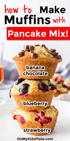 Three muffins stacked on top of each other with text title overlay Muffins From Bisquick, Blueberry Pancake Mix Recipes, Pancake From Muffin Mix Recipes, Muffin Mix Into Pancakes, Muffin Tin Pancakes Bisquick, Mini Muffins Using Pancake Batter, Pancake Muffins With Bisquick, Pancake Muffin Mix Recipe, Pancakes Out Of Muffin Mix Easy