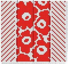 a cross stitch pattern with red and white designs on the bottom half of each panel