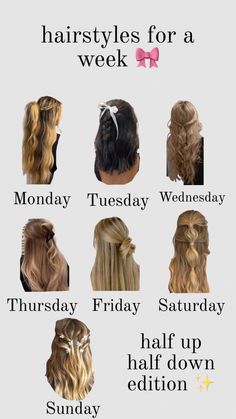 Hairstyles for a week! (Half up half down edition) 💞 #hairstyles #halfuphalfdown #aesthetic #bows #bowsandribbons #fyp Hairstyles For Auditions, Half Up Half Down With Braid Short Hair, Preppy Half Up Half Down Hairstyles, Cute Hairstyles For Medium Hair Half Up Half Down, Half Up Thick Hair, Cheer Game Day Hair Football Season, Hairstyles For Every Day Of The Week, Cute Hairstyles For Middle Schoolers, Half Up Half Down Hair Outfit