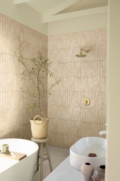 a white bath tub sitting next to a plant in a vase on top of a table