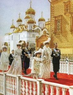 a painting of people standing on a red carpet in front of a building with gold domes