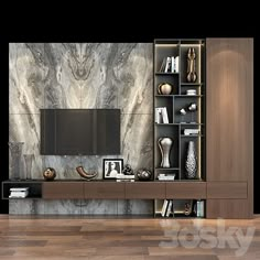 a modern living room with grey walls and white carpeted flooring, built in shelving units