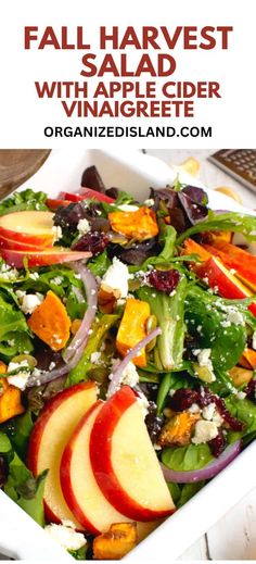 fall harvest salad with apple cider vinaigreate in a white serving dish