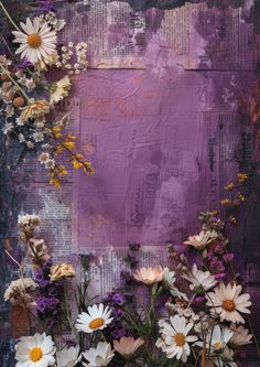 an arrangement of wildflowers and daisies in front of a purple background