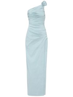 light blue stretch-design draped detailing faux-flower detailing front slit one-shoulder rear zip fastening straight hem floor-length Blue Formal Dress Long, Rachel Gilbert, Blue Dress Formal, Yoko London, Exclusive Fashion, Maxi Dress Blue, Lady Dior, Cocktail Dress Party, Dress Blue