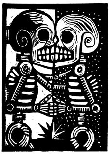 a black and white drawing of two skeletons