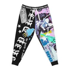 "DRIPPY STREET STYLE Artistic \"Ice Cream 100\" Joggers designed by the blenq These personalized jogging pants come to add a custom style to your lounging as well as your workouts. Ensuring a cozy, unisex fit, these all-over-print joggers are cut & sew, meaning higher quality across the board both in materials used and in terms of production quality. .: Material: 95% polyester, 5% spandex .: Double layer side insert pockets .: Soft fabric .: Seam thread color automatically matched to design .: M Black Graphic Print Joggers For Streetwear, Black Joggers With Graphic Print For Streetwear, Trendy Multicolor Streetwear Sweatpants, Trendy Multicolor Sweatpants For Streetwear, Urban Black Sweatpants With Graphic Print, Sporty Multicolor Bottoms With Graphic Print, White Graffiti Print Bottoms For Streetwear, Sporty Graphic Print Joggers For Streetwear, Urban Style Sports Bottoms With Graphic Print