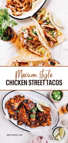 mexican style chicken street tacos with limes and cilantro on the side