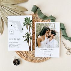 a couple's save - the - dates photo is displayed next to their wedding stationery