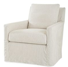 a white chair with ticking fabric on the back and armrests, sitting against a white background