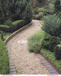 a garden path surrounded by trees and shrubs