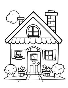 a house with flowers and plants in the front yard coloring pages for kids, printable