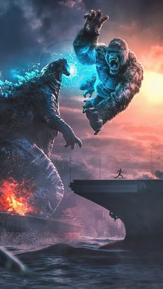 godzilla riding on the back of a boat with fire coming out of it's mouth