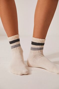 Simply sporty with true vintage flair, these American-made cotton quarter crew socks are the ultimate essential. **Fit:** Quarter crew length **Features:** Soft cotton blend, ribbed texture, seamed toe and heel, striped details **Why We | Retro Shortie Crew Socks by American Trench at Free People in Grey Quarter Socks Outfit, Quarter Socks, Sock Outfits, Ribbed Texture, Navy Gold, Sock Shop, American Made, True Vintage, Crew Socks