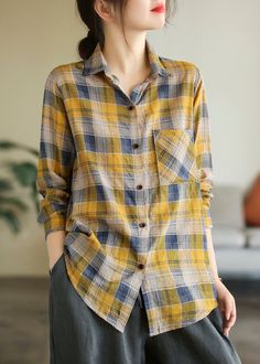 Bohemian Yellow Peter Pan Collar Plaid Button Cotton Shirt Long SleeveFabric: Cotton 45%, Linen 55%Size & Fit: Fit: This garment fits true to size.Length: Size M measures 28.47"from shoulder to hemBust: Great for any cup size. Waist: Loose Fit. Comfortable room throughout midsection.Hip: Loose Fit - room for hips. Hand Wash Cold. Plaid Shirt With Buttons, Relaxed Fit, Plaid Shirt With Buttons In Relaxed Fit, Relaxed Fit Plaid Shirt With Buttons, Casual Plaid Shirt With Button Cuffs, Casual Blouse With Buttons, Casual Blouse With Buttons And Casual Collar, Plaid Relaxed Fit Blouse With Button Closure, Plaid Blouse With Button Closure And Relaxed Fit, Relaxed Fit Plaid Blouse With Button Closure