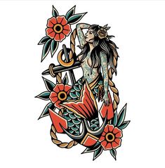 a woman with an anchor and flowers on her body is depicted in this tattoo design