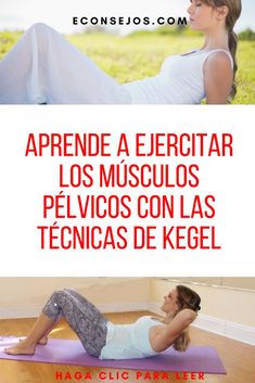 a woman is doing yoga on a mat with the words, aprende a fercitar los musculos pelicos con las tec